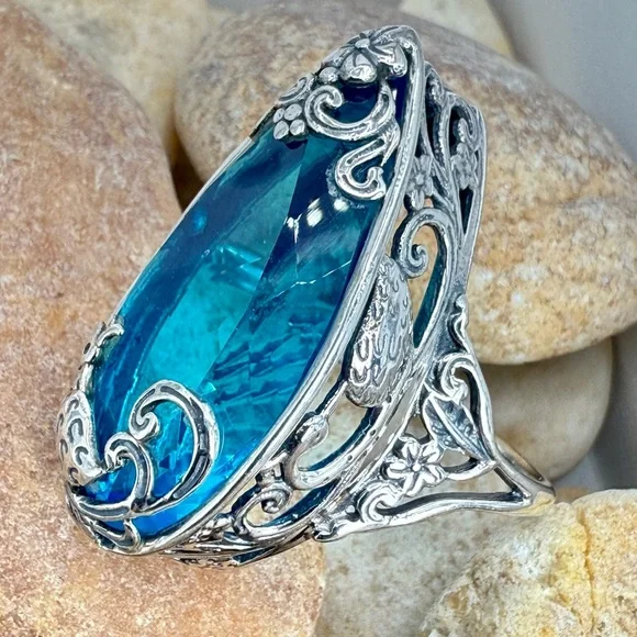 Bali Legacy Caribbean Quartz Peacock Ring 26.25ct Sterling Silver Size 9 NWT - Picture 8 of 17